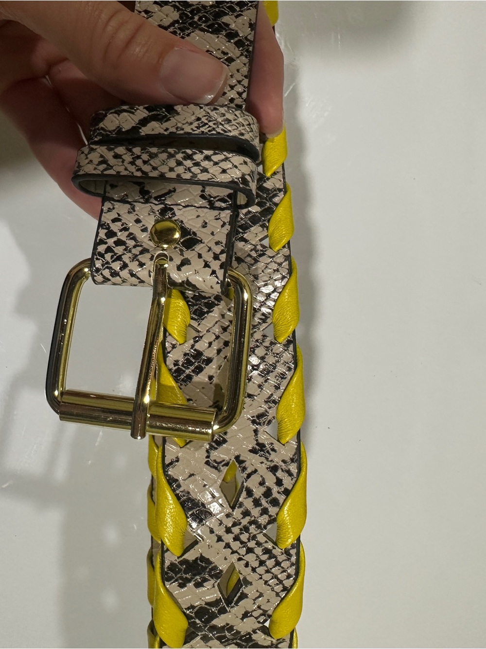 BCBGMaxAzria Snake-Print Belt with Yellow Braided Trim and Gold Buckle